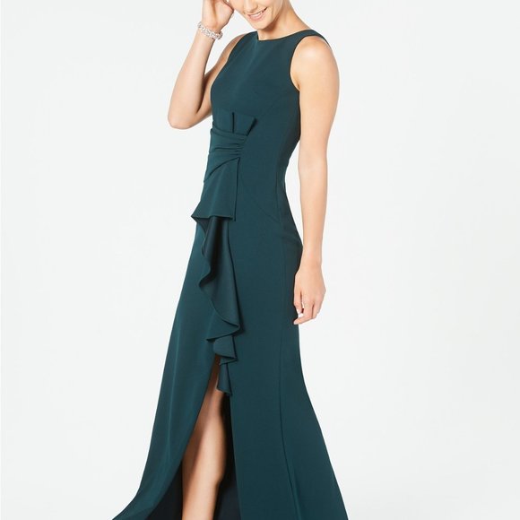 BETSY & ADAM Women's Sleeveless Ruffle-Detail Gown Pine Size 14 - Picture 2 of 7